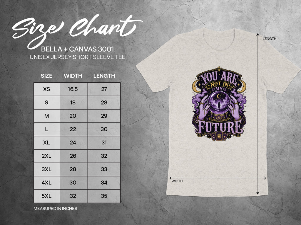 Bella + Canvas 3001 Unisex Jersey tee size chart with graphic.