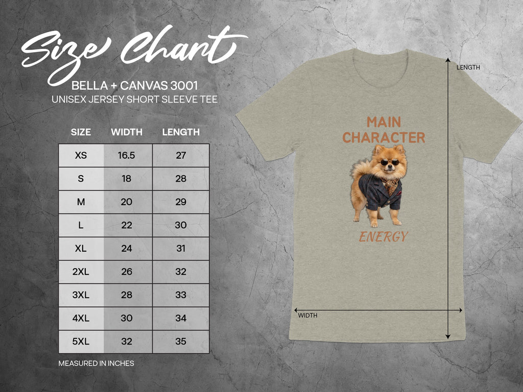 Bella + Canvas 3001 size chart with width and length measurements in inches for a unisex t-shirt.
