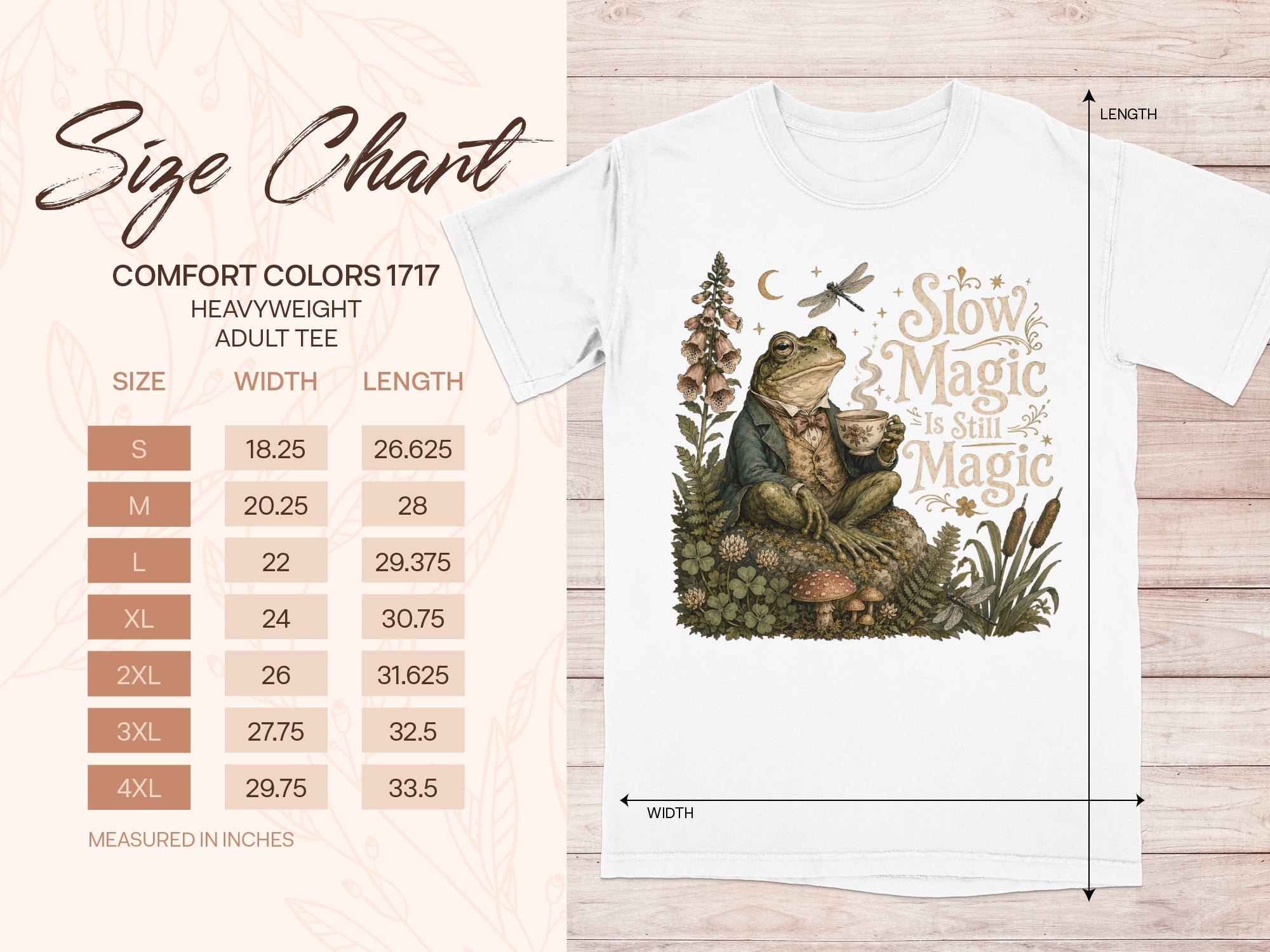 Size chart for Comfort Colors 1717 heavyweight adult tee with frog graphic.