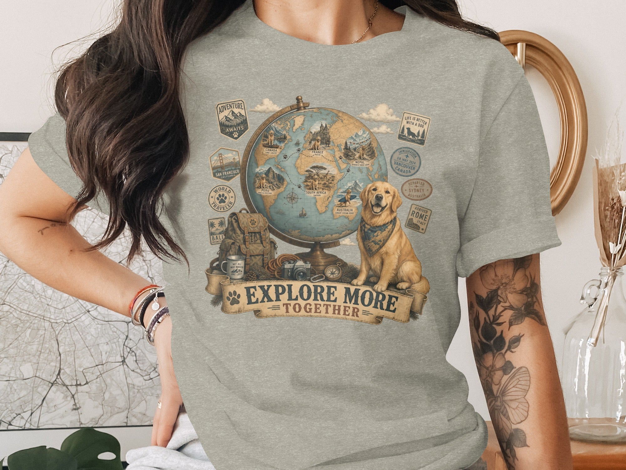 Golden retriever and globe graphic with "Explore More Together" text and travel-themed patches.