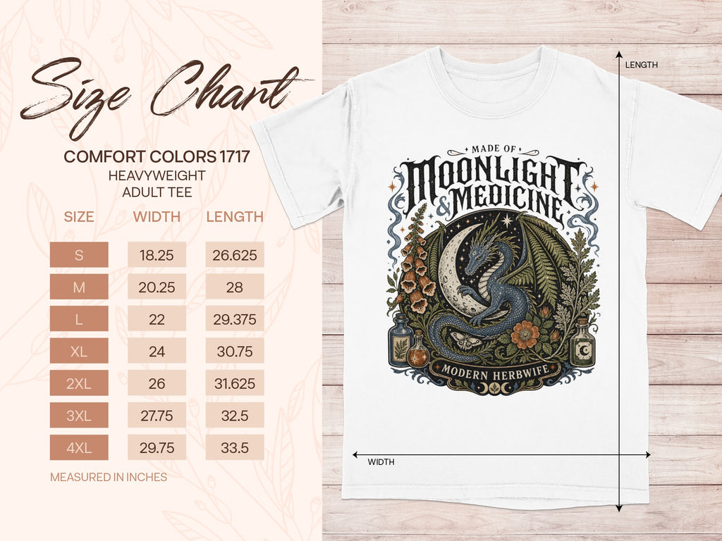 Comfort Colors 1717 heavyweight adult tee size chart shown with graphic.
