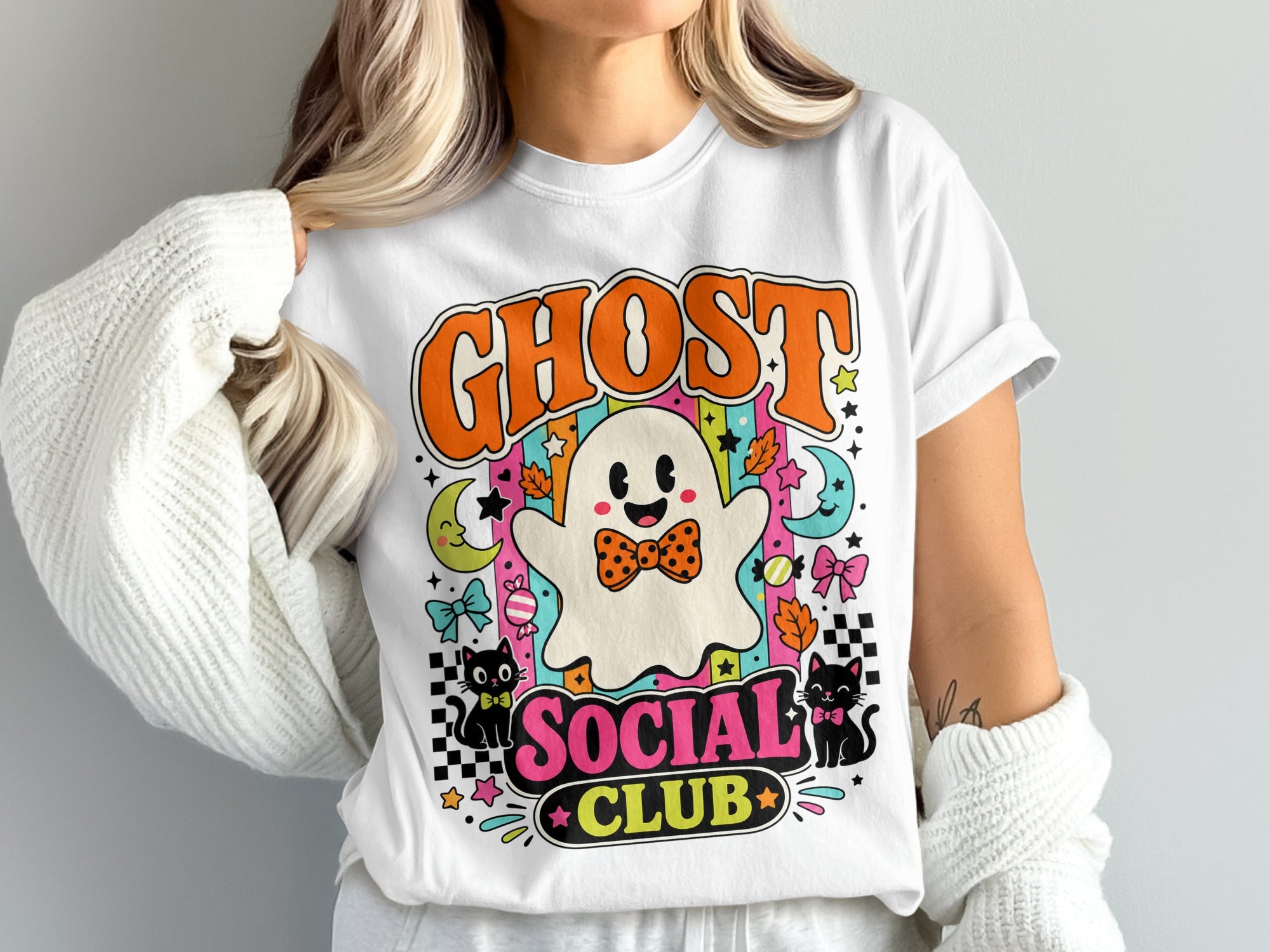 Retro Ghost Social Club graphic with black cats and Halloween elements.