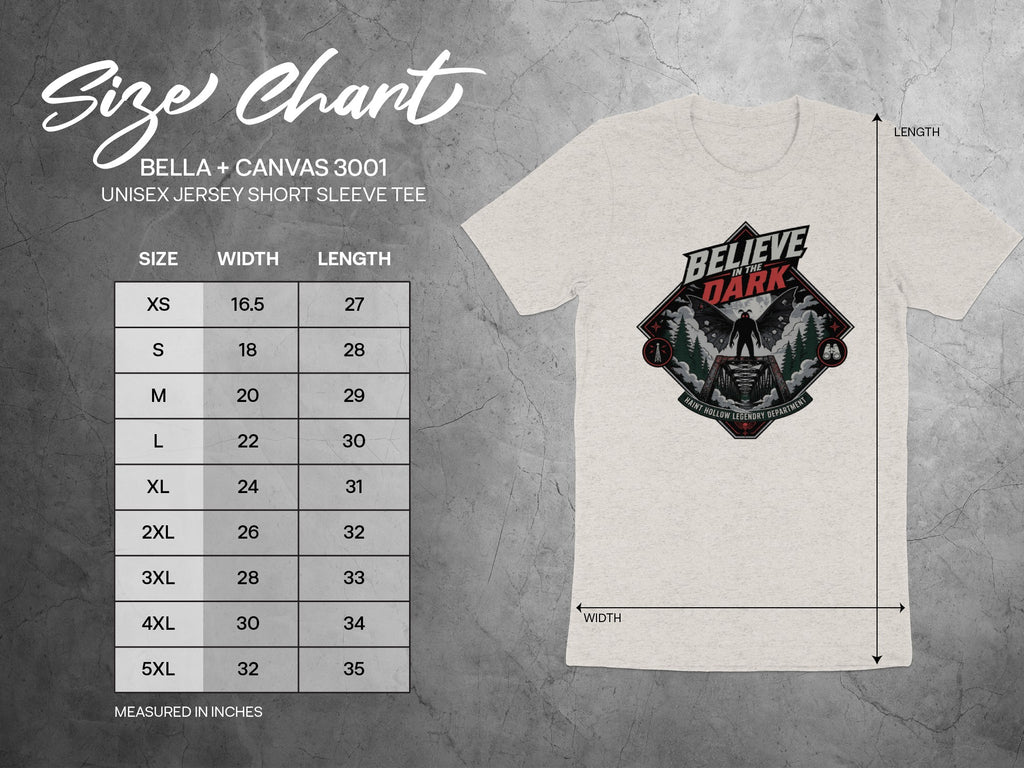 Size chart for Bella + Canvas 3001 unisex tee with width and length measurements.