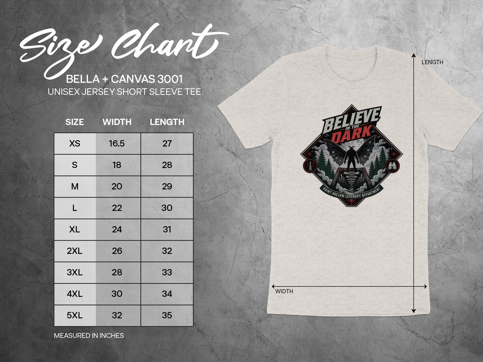 Size chart for Bella + Canvas 3001 unisex tee with width and length measurements.