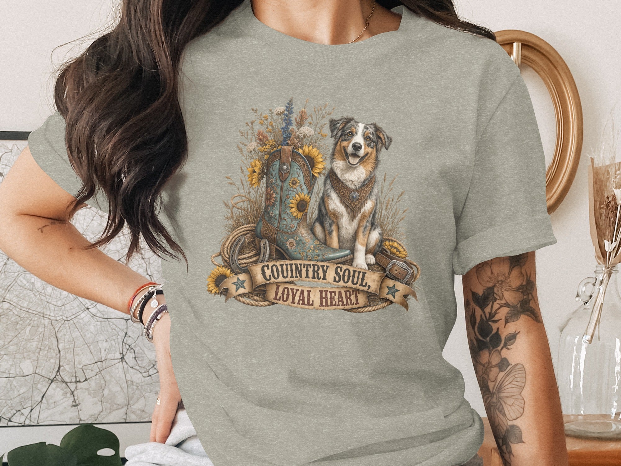 T-shirt with dog, cowboy boot, sunflowers, and text "Country Soul, Loyal Heart."