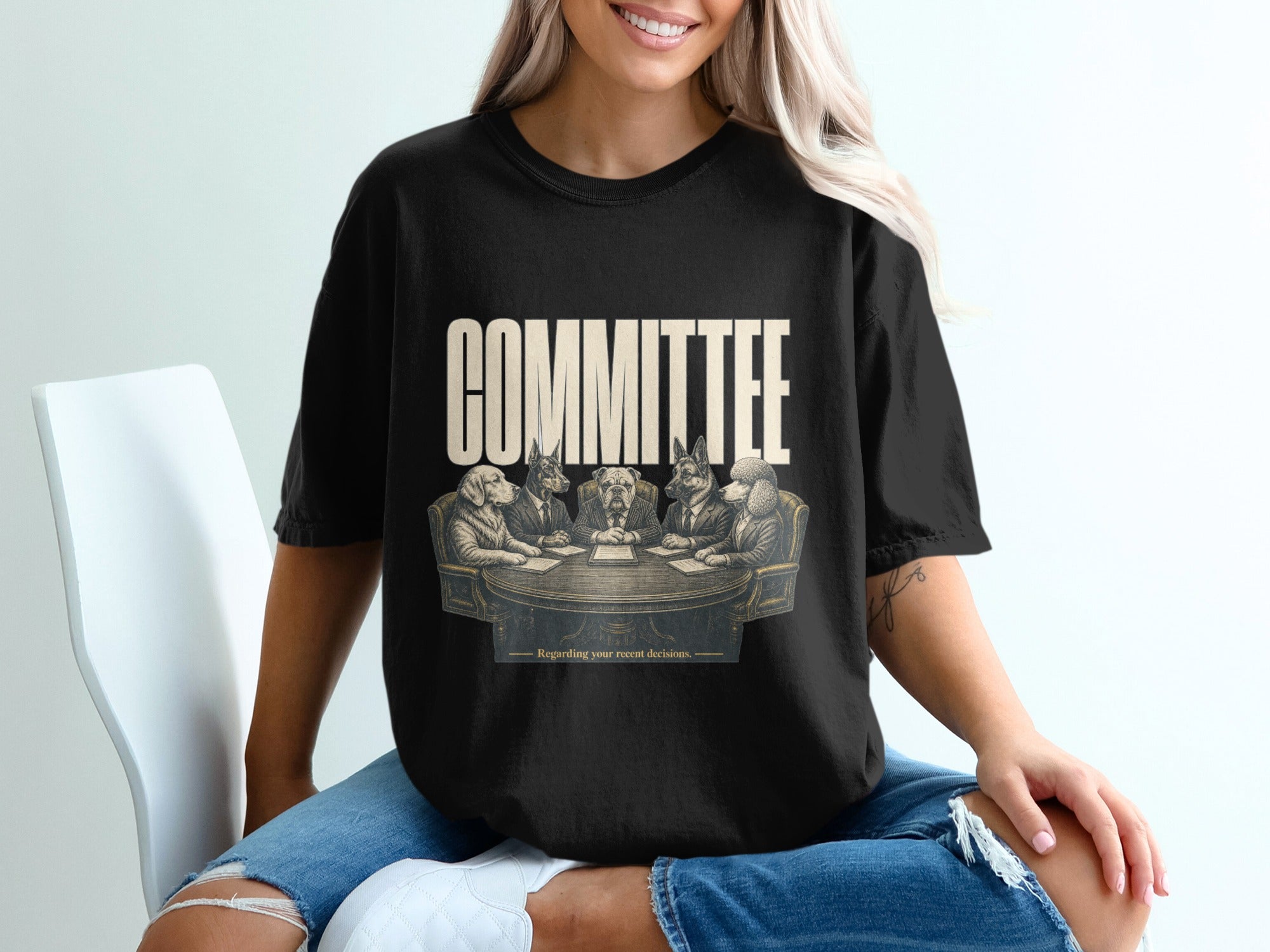 Black t-shirt with "COMMITTEE" text and dogs in suits at a table.