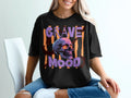 Black t-shirt with "
