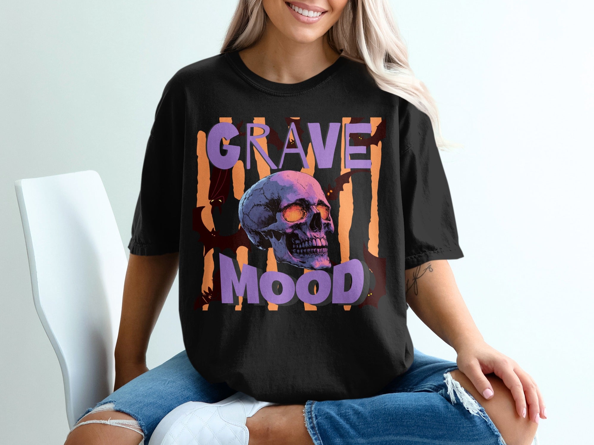 Black t-shirt with "