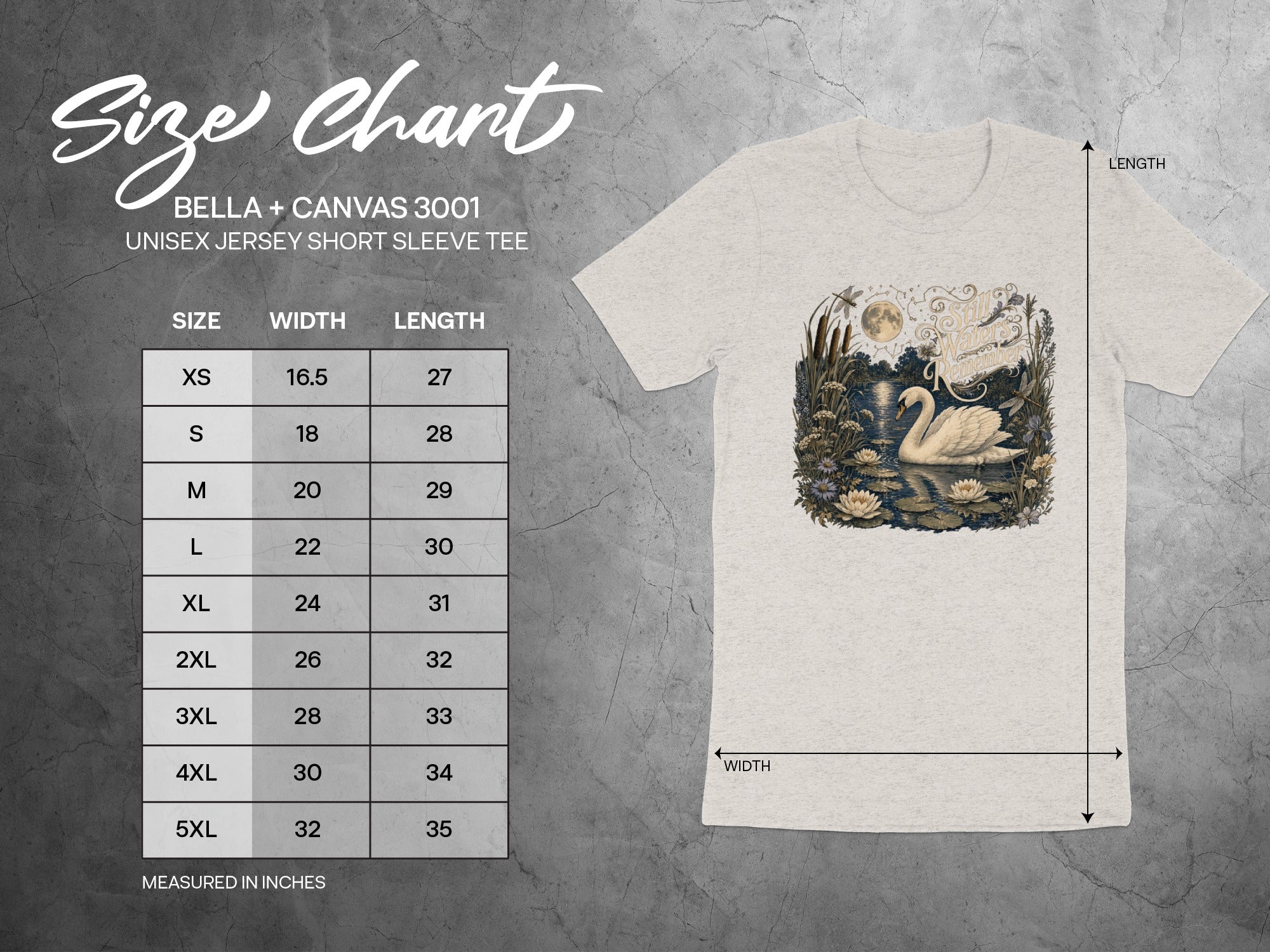 Bella + Canvas 3001 unisex tee size chart with measurements in inches.