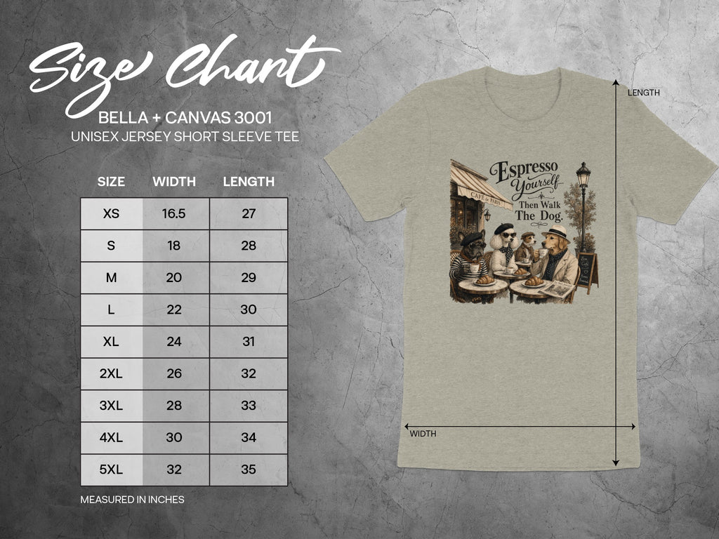 BELLA + CANVAS 3001 size chart with measurements for unisex short sleeve tees.