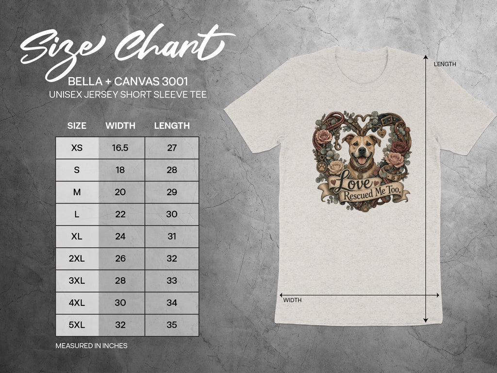 Size chart for a Bella + Canvas 3001 unisex jersey t-shirt with dog graphic.