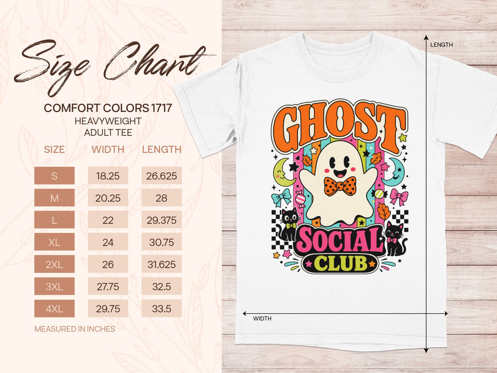 Ghost Social Club graphic on a white adult heavyweight tee with attached size chart.