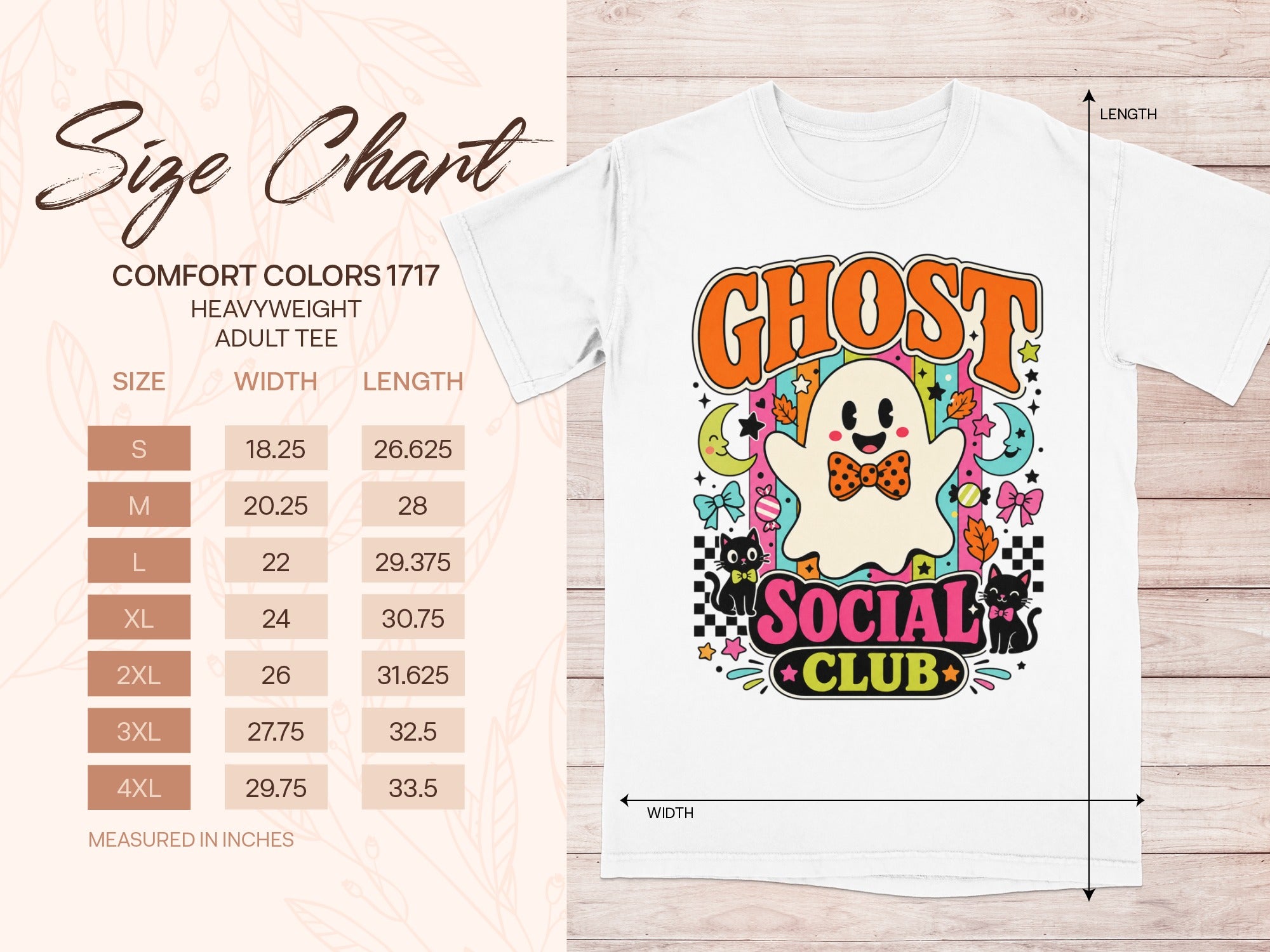 Ghost Social Club graphic on a white adult heavyweight tee with attached size chart.