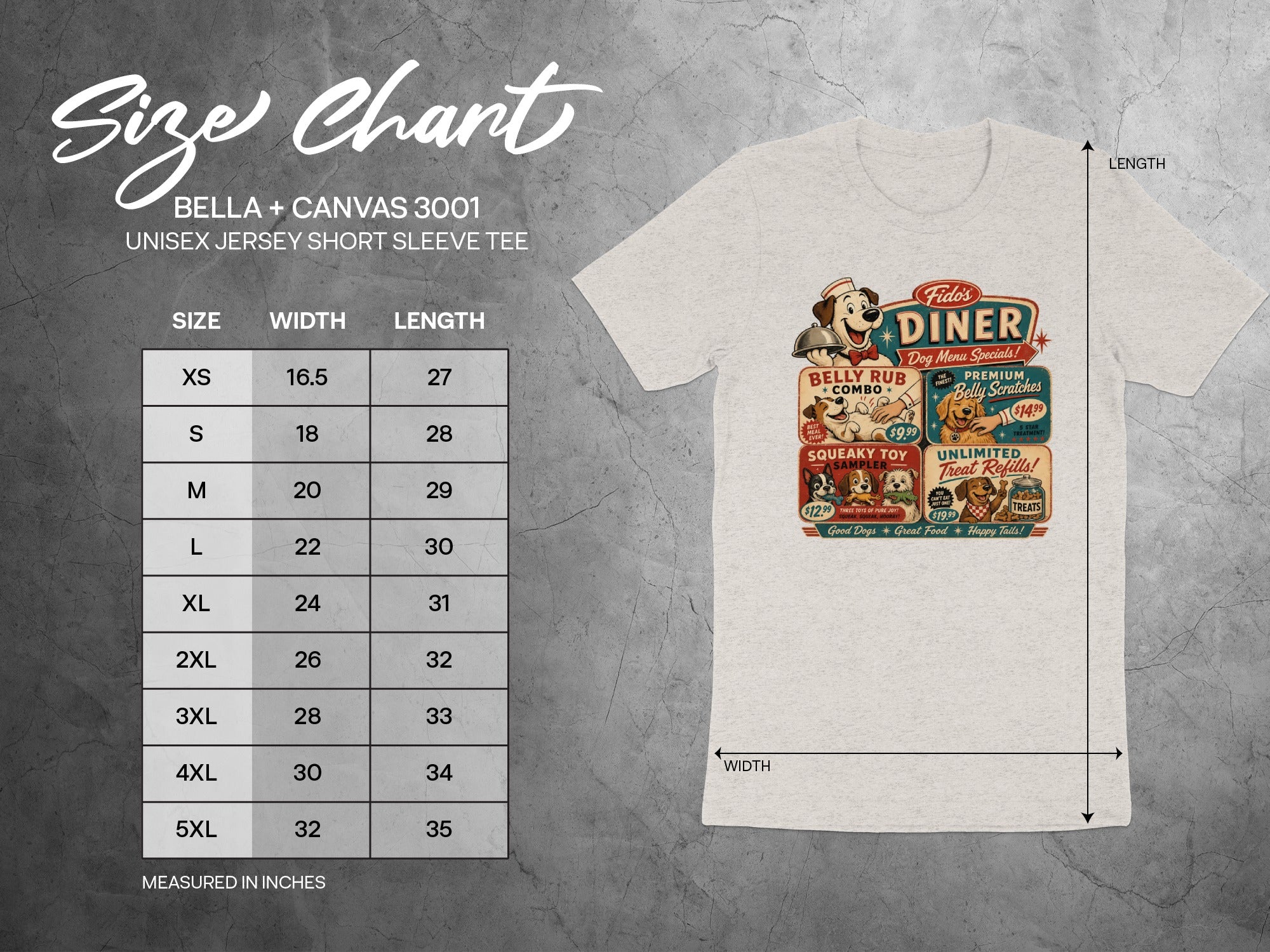 Bella + Canvas 3001 unisex jersey short sleeve tee size chart with width and length measurements.