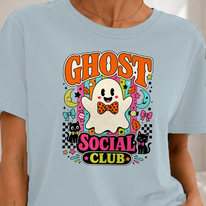 Ghost Social Club graphic with a friendly ghost, black cats, moons, and colorful stripes.