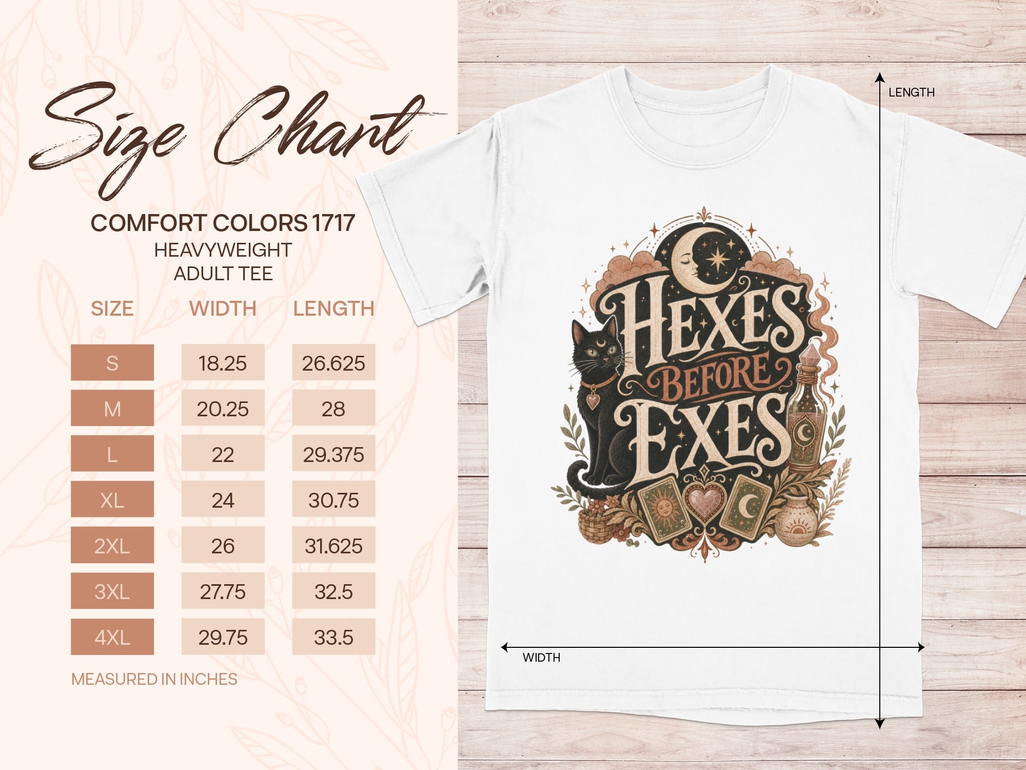 Size chart for Comfort Colors 1717 heavyweight adult tee with "Hexes Before Exes" graphic.