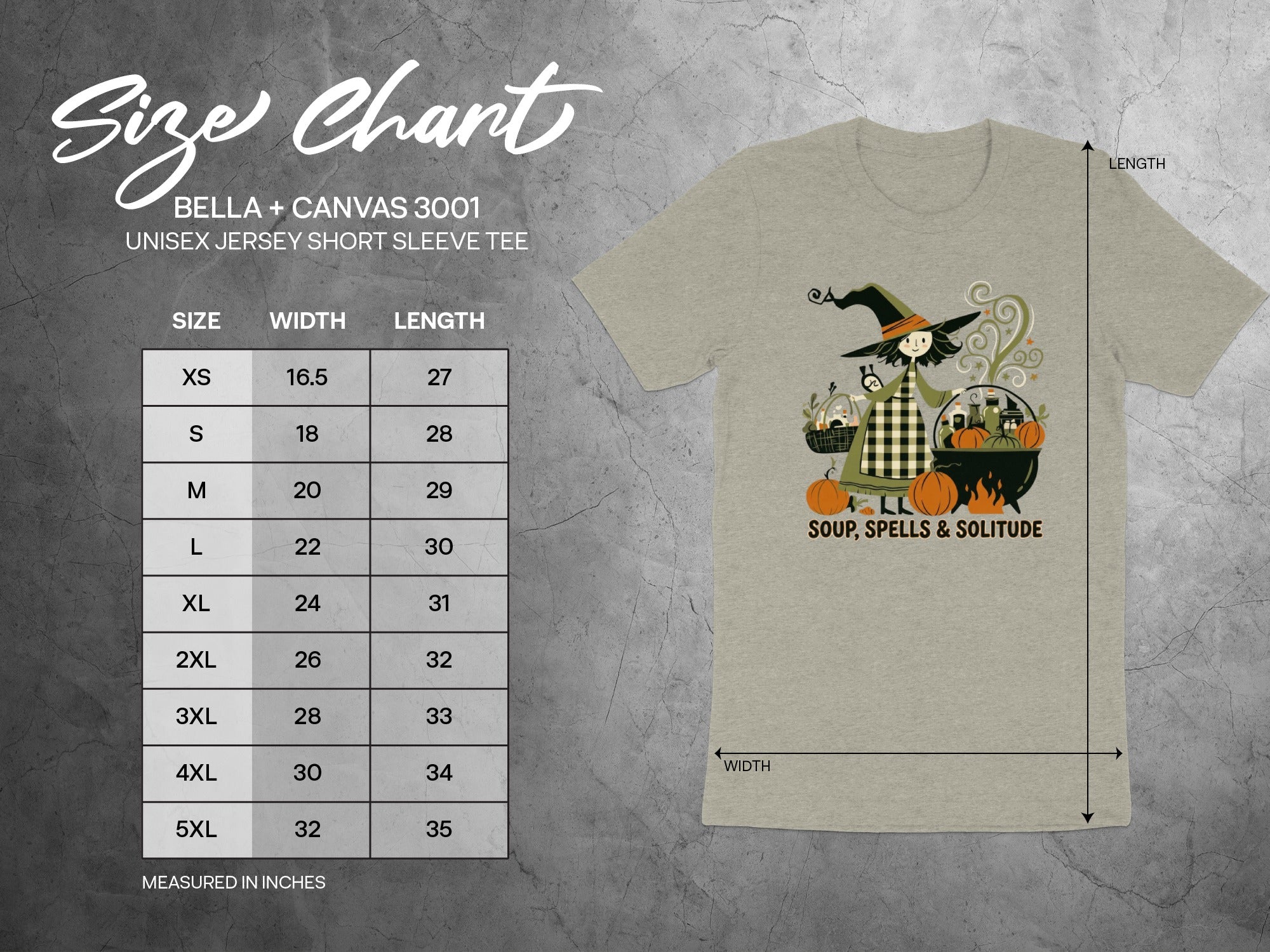 Bella + Canvas 3001 size chart with witch graphic and text "Soup, Spells & Solitude".