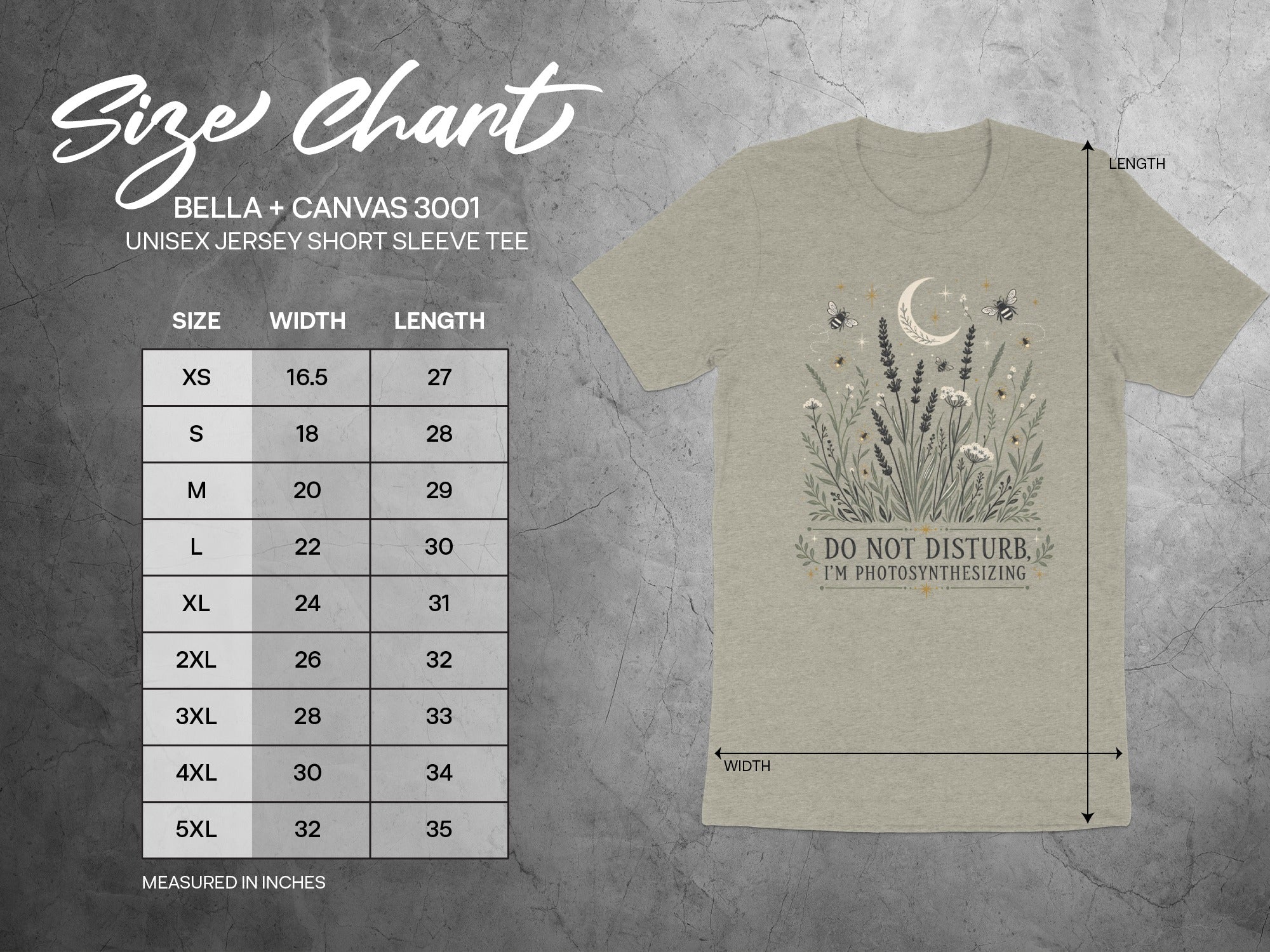 Size chart for Bella + Canvas 3001 unisex tee with moon, bees, and plants graphic.