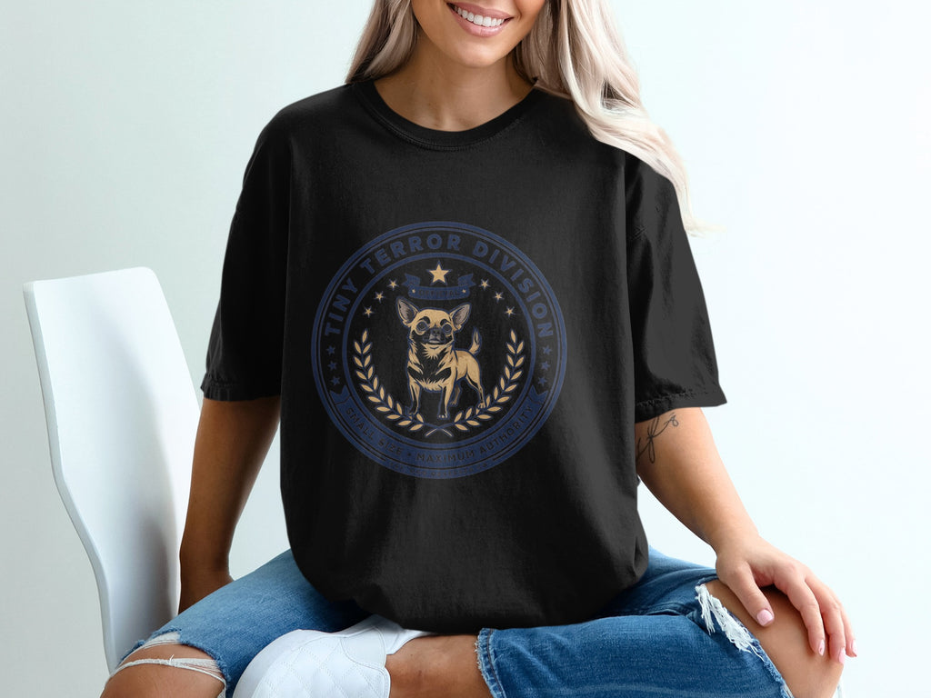 Black t-shirt with "Tiny Terror Division" emblem featuring a chihuahua.