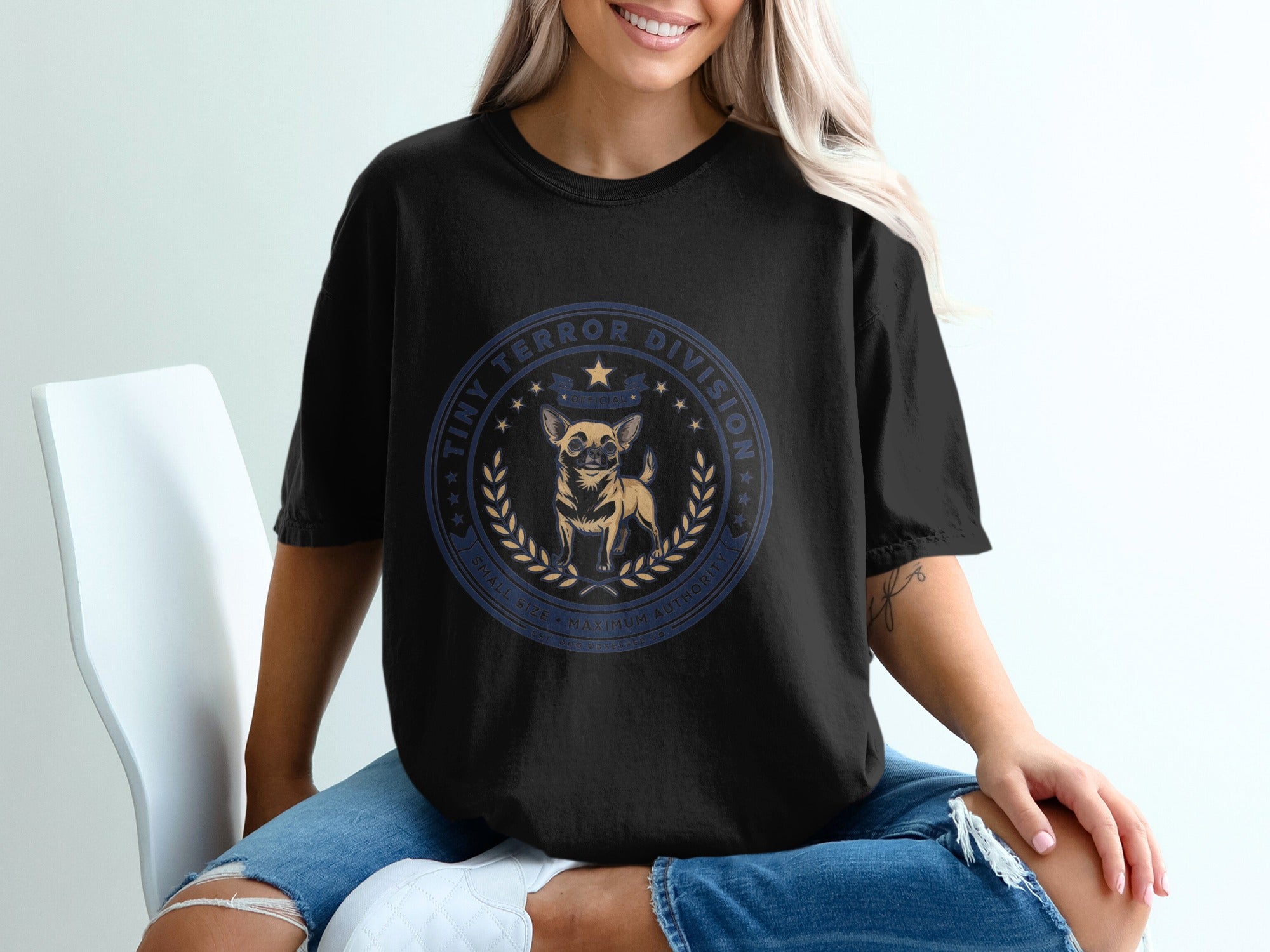 Black t-shirt with "Tiny Terror Division" emblem featuring a chihuahua.
