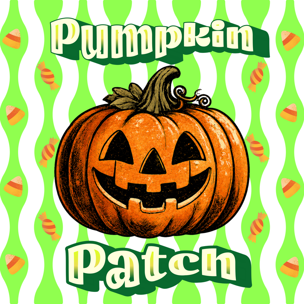Jack-o'-lantern with "Pumpkin Patch" text on a wavy green and light gray background.
