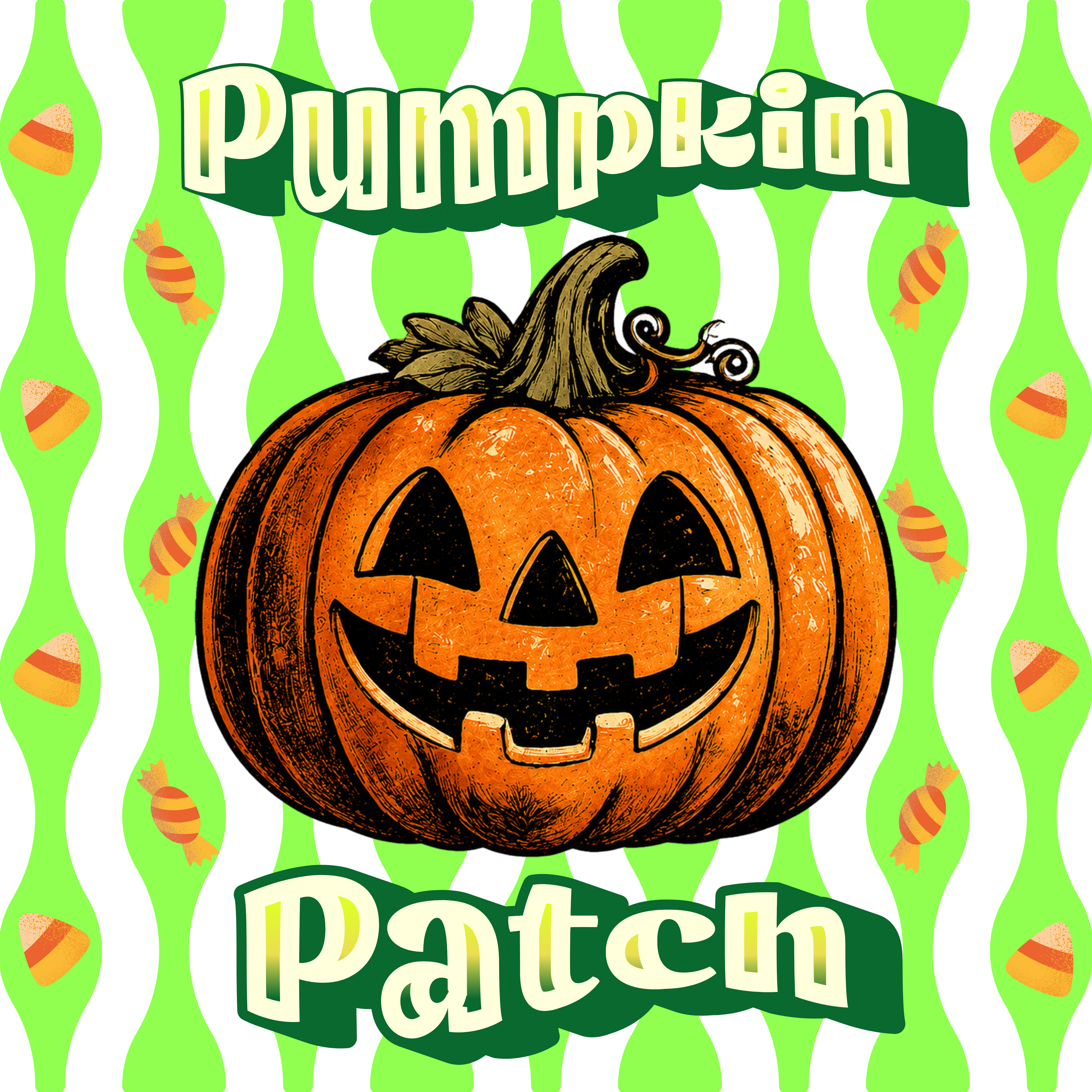 Jack-o'-lantern with "Pumpkin Patch" text on a wavy green and light gray background.
