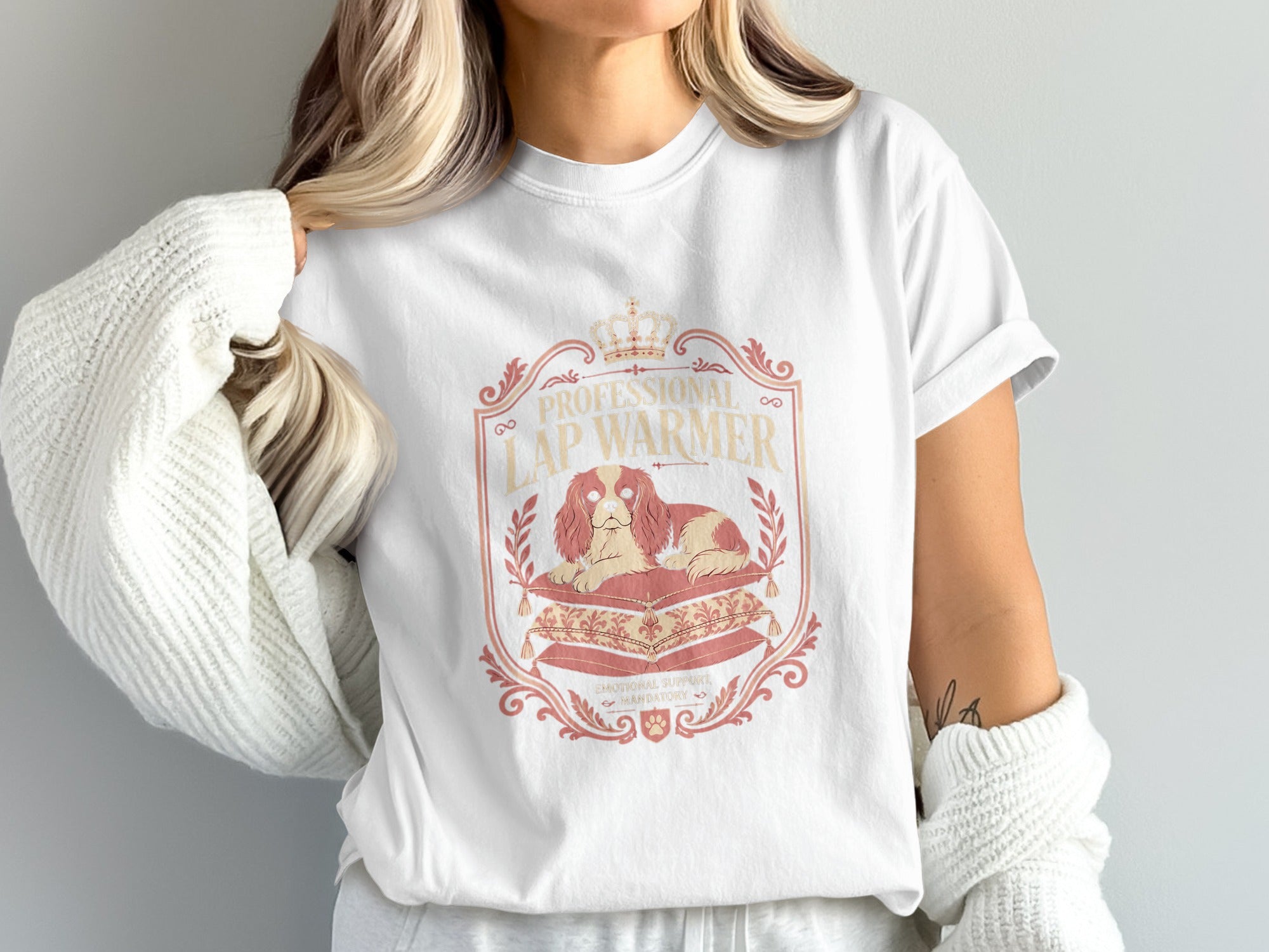 White t-shirt with "Professional Lap Warmer" text and a dog on pillows.