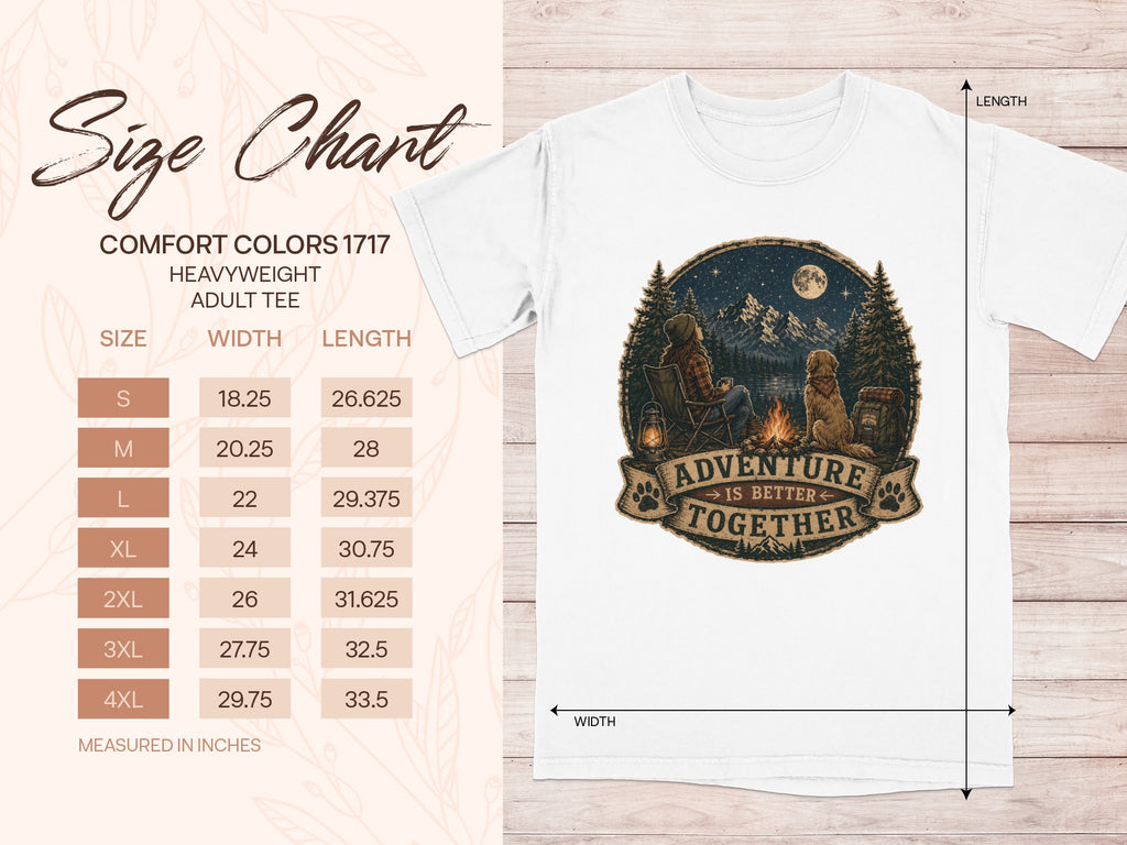 Comfort Colors 1717 adult tee size chart with "Adventure is Better Together" graphic.
