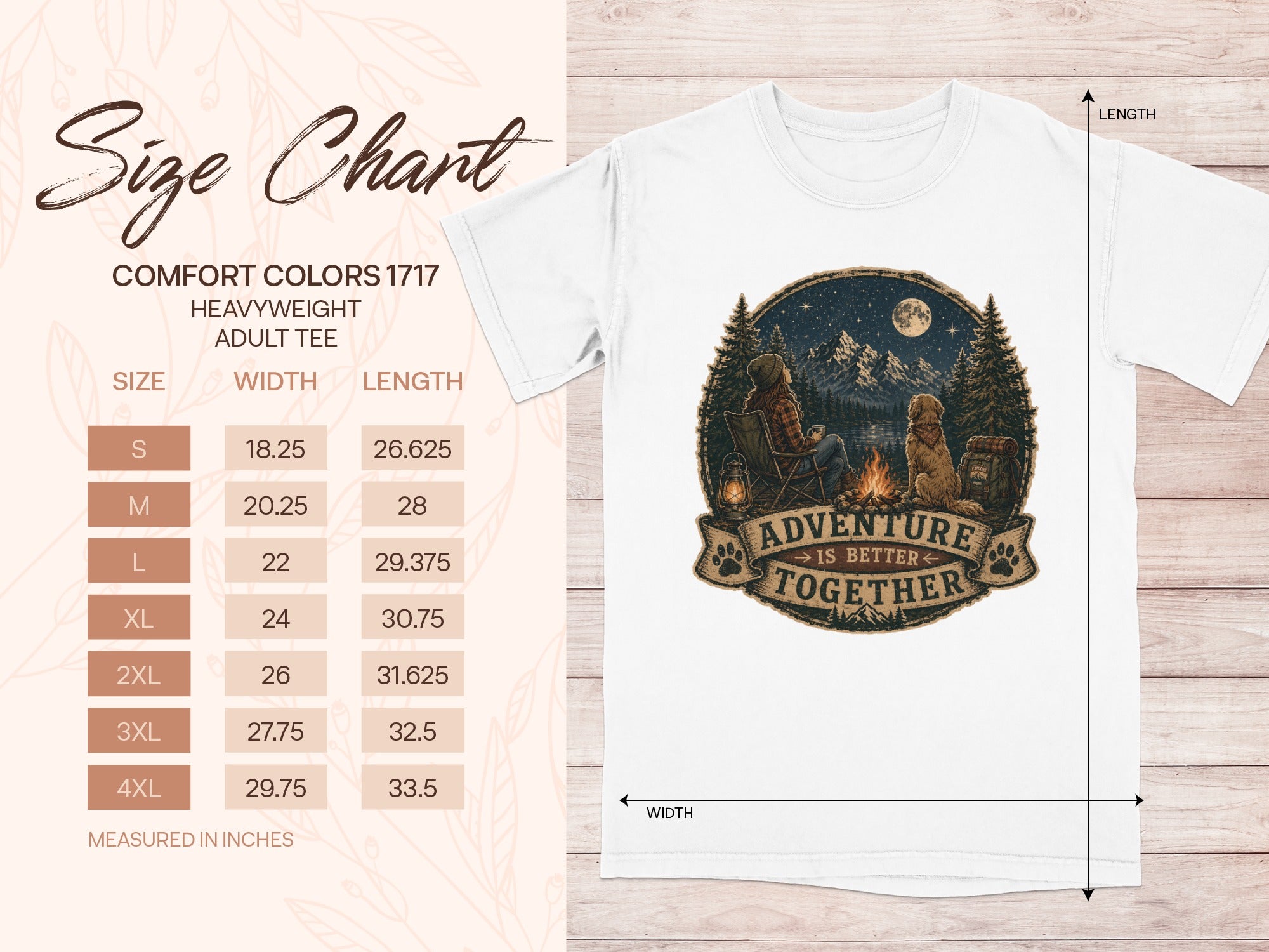 Comfort Colors 1717 adult tee size chart with "Adventure is Better Together" graphic.
