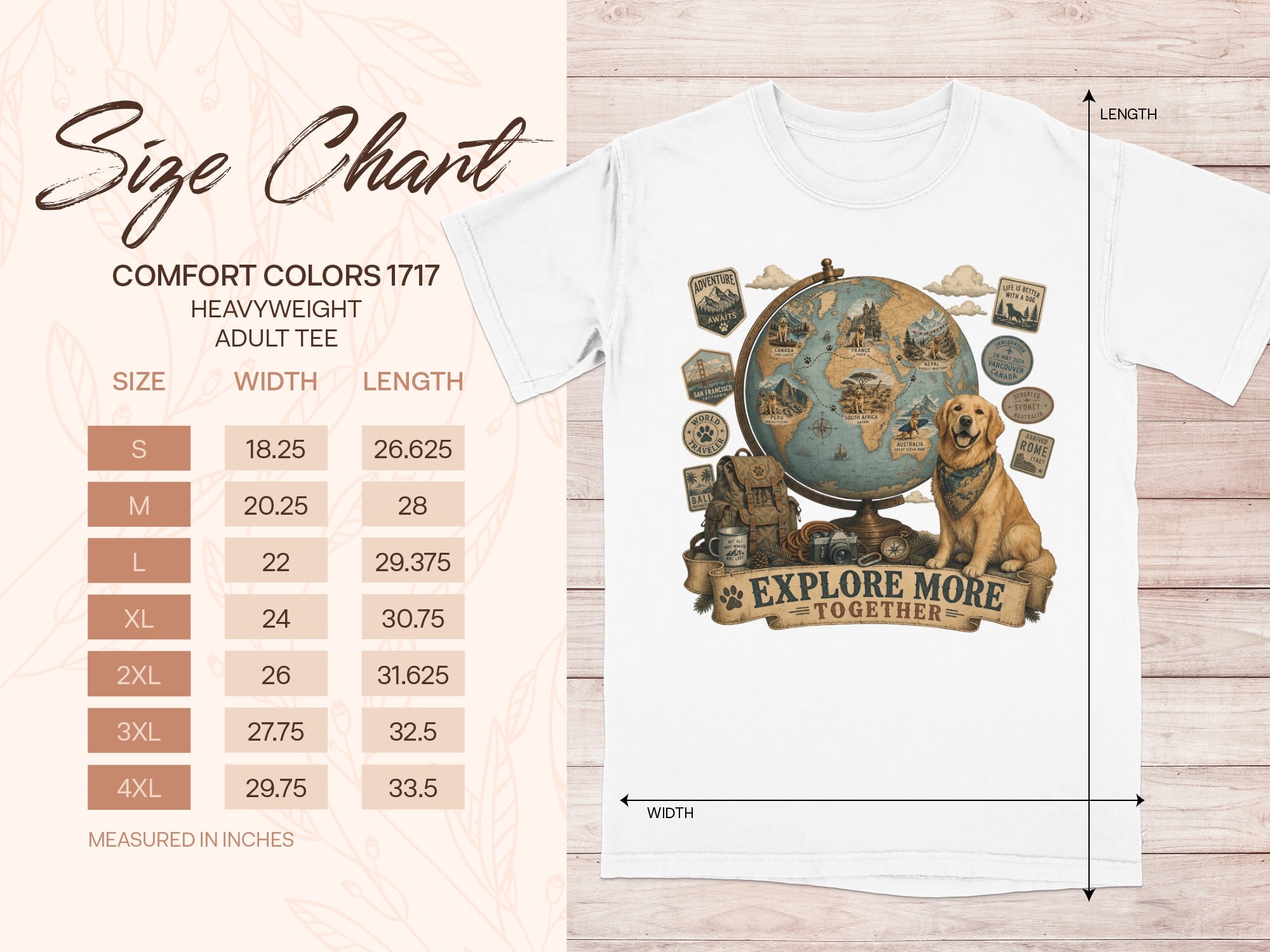 Size chart for Comfort Colors 1717 heavyweight adult tee with globe graphic.