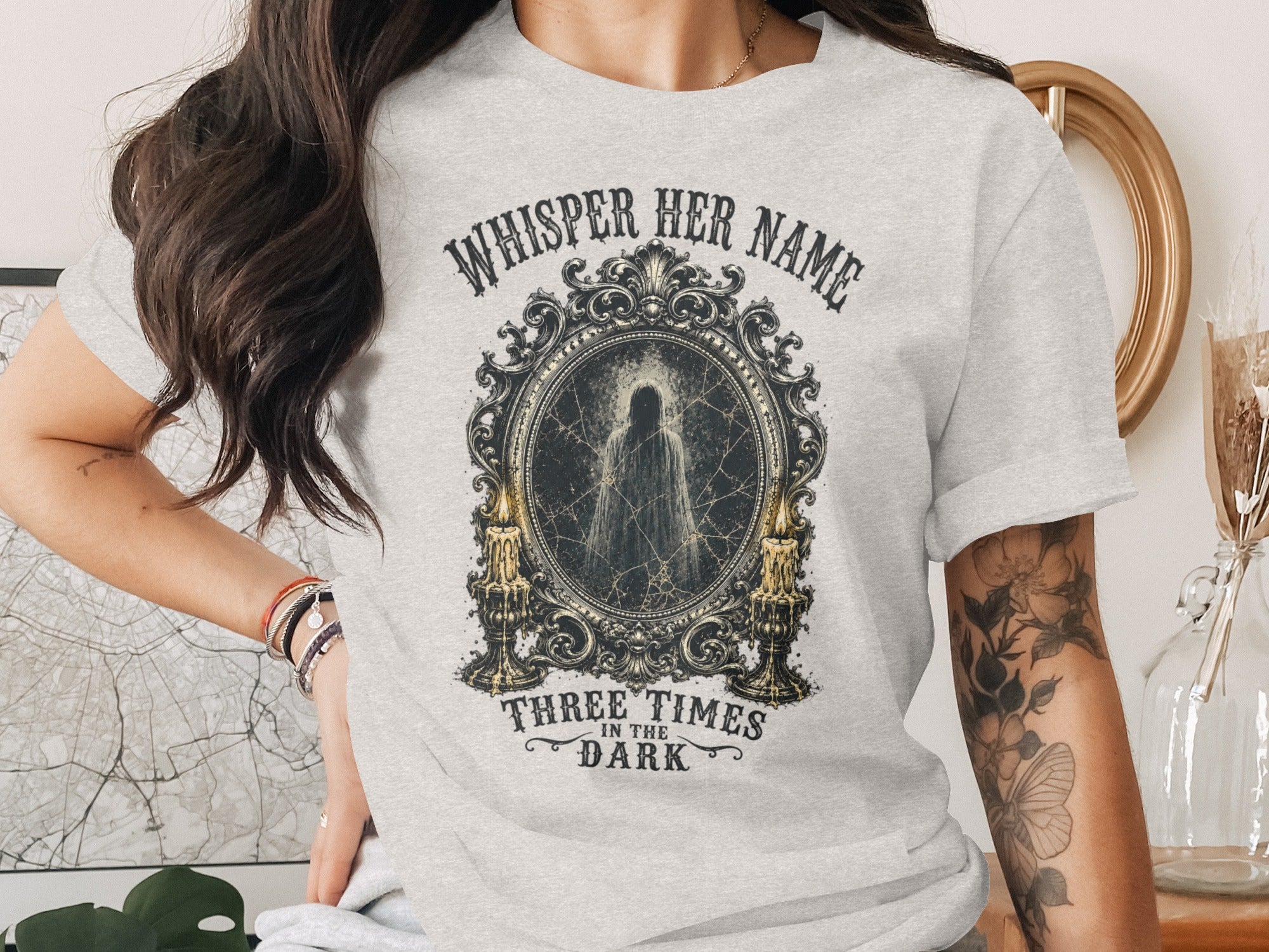 Gray t-shirt with a Gothic design featuring an ornate mirror and text.