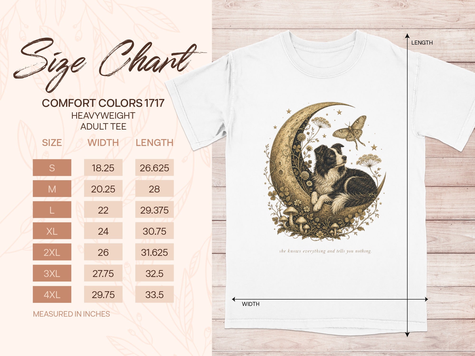 Comfort Colors 1717 size chart for heavyweight adult tee with dog and butterfly graphic.