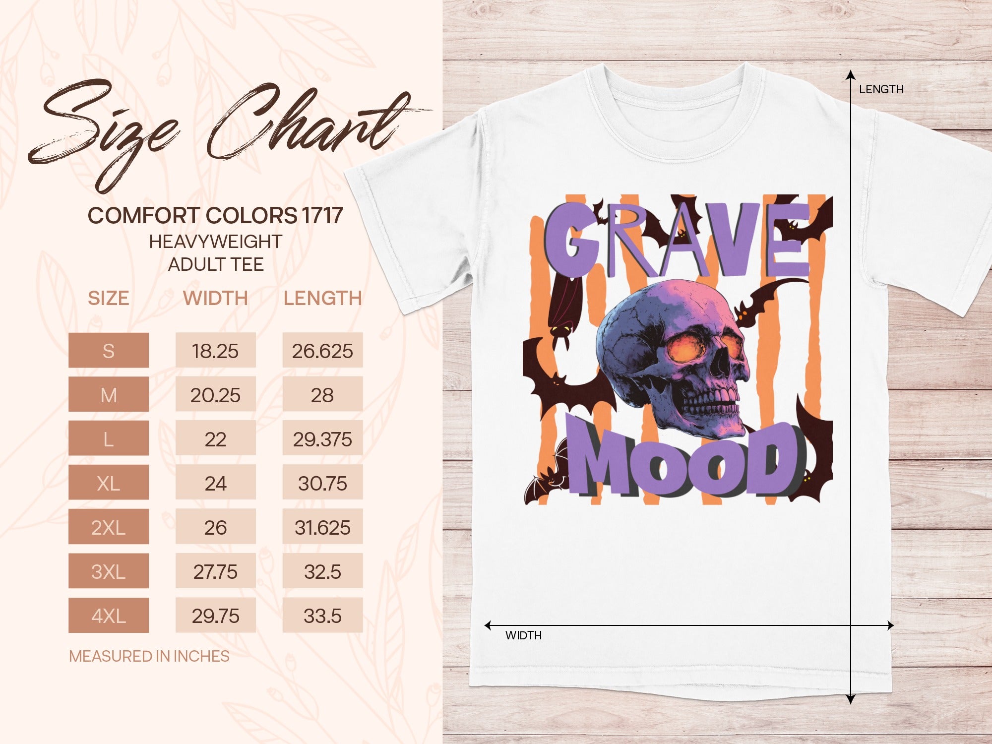 Size chart for Comfort Colors 1717 heavyweight adult tee with "Grave Mood" skull graphic.