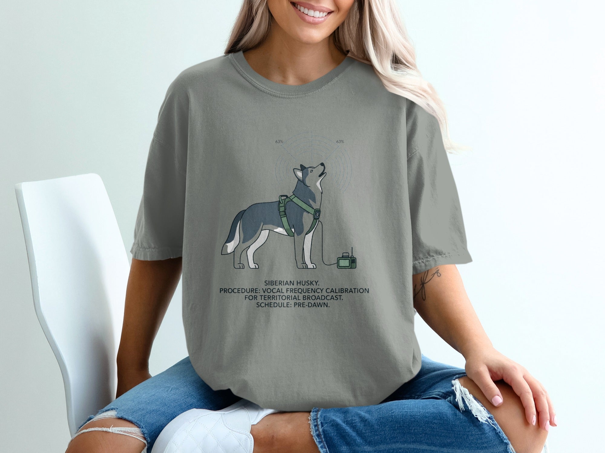 Siberian Husky graphic with text "vocal frequency calibration for territorial broadcast."