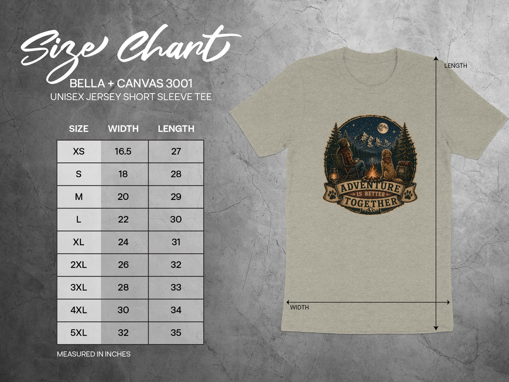 Bella + Canvas 3001 size chart for unisex jersey short sleeve tee in inches.