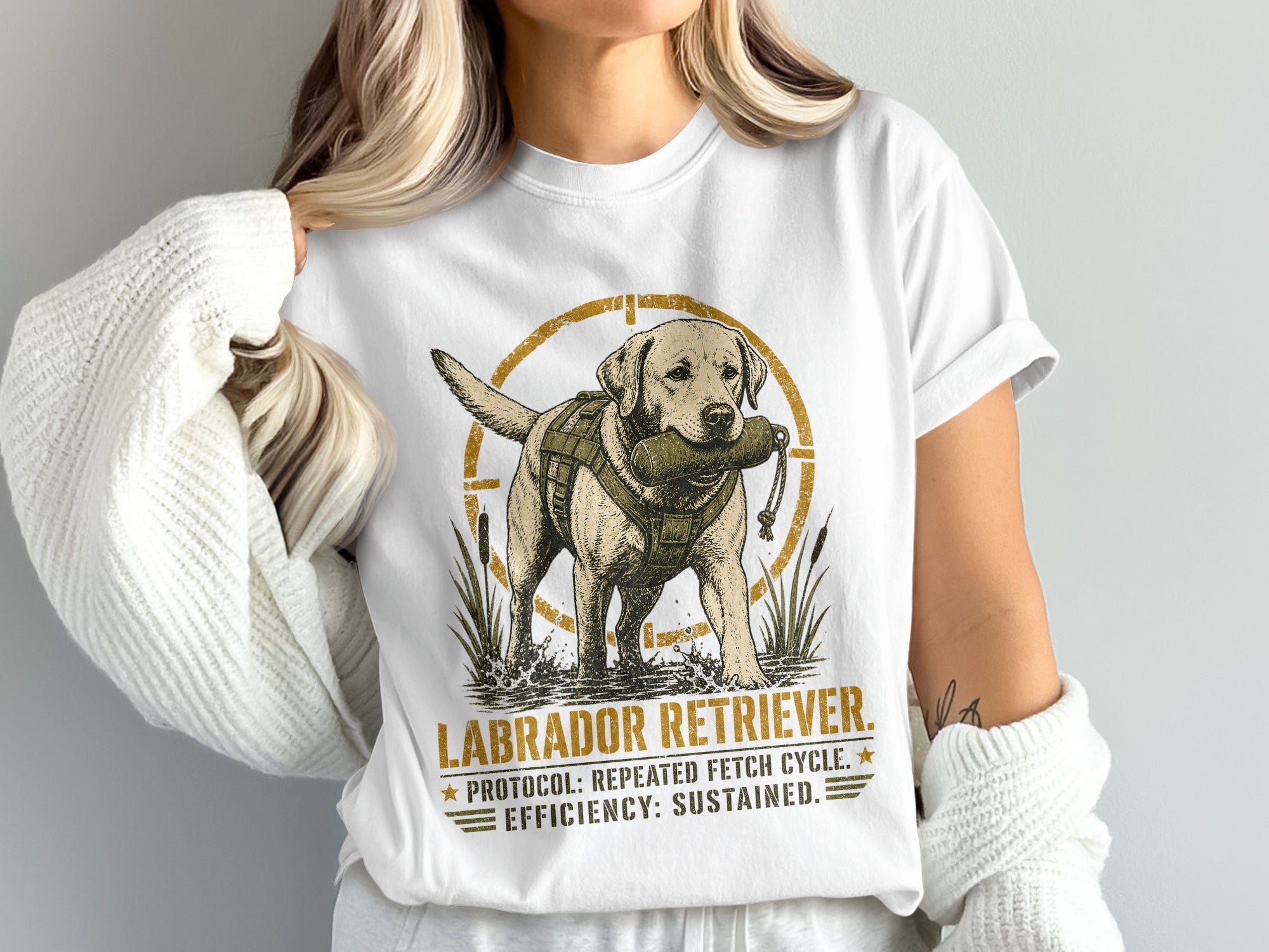 Labrador Retriever graphic with fetch dummy, text reads: "PROTOCOL: REPEATED FETCH CYCLE. EFFICIENCY: SUSTAINED."