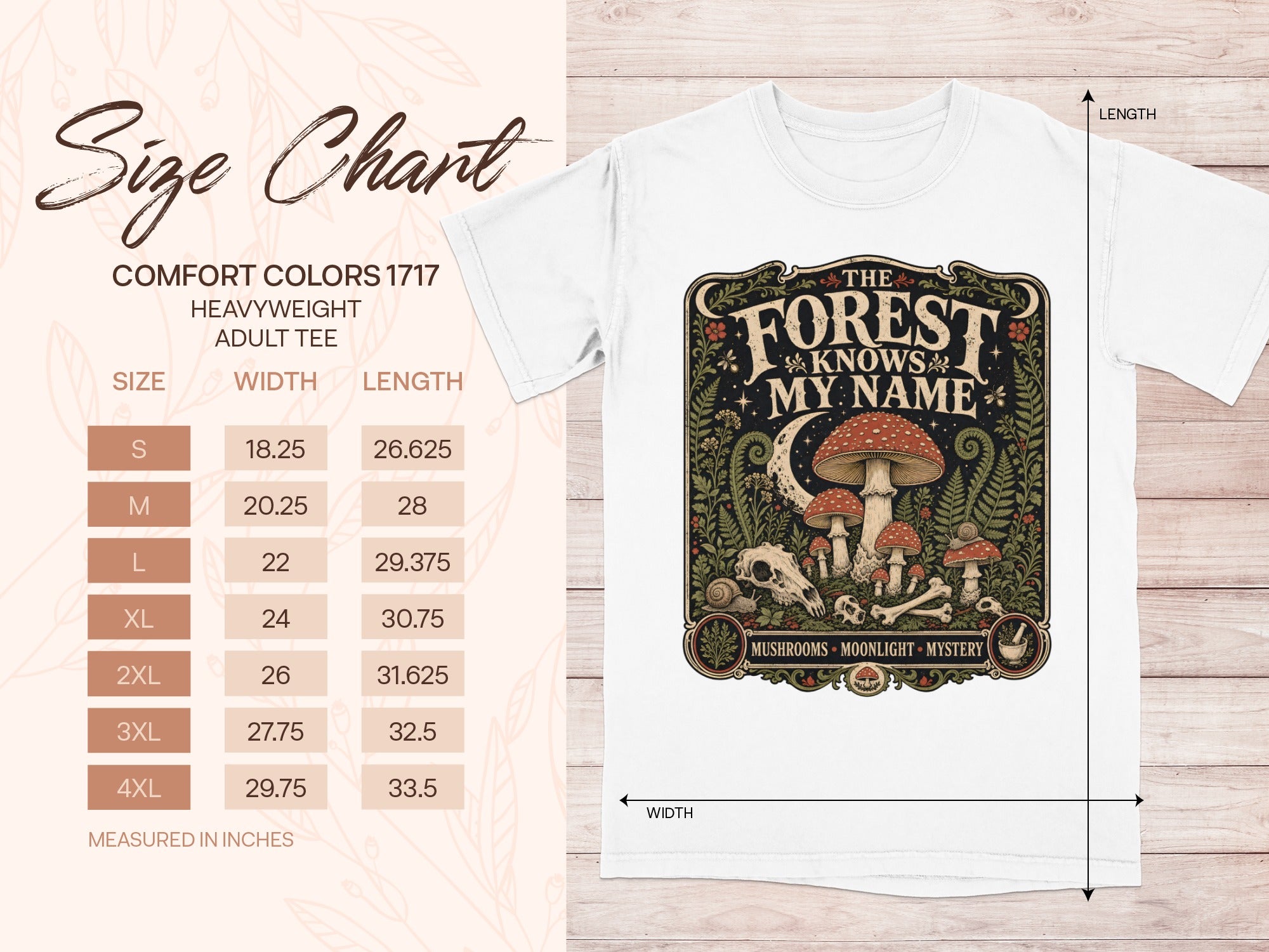 Comfort Colors 1717 size chart for adult tee with "The Forest Knows My Name" graphic.